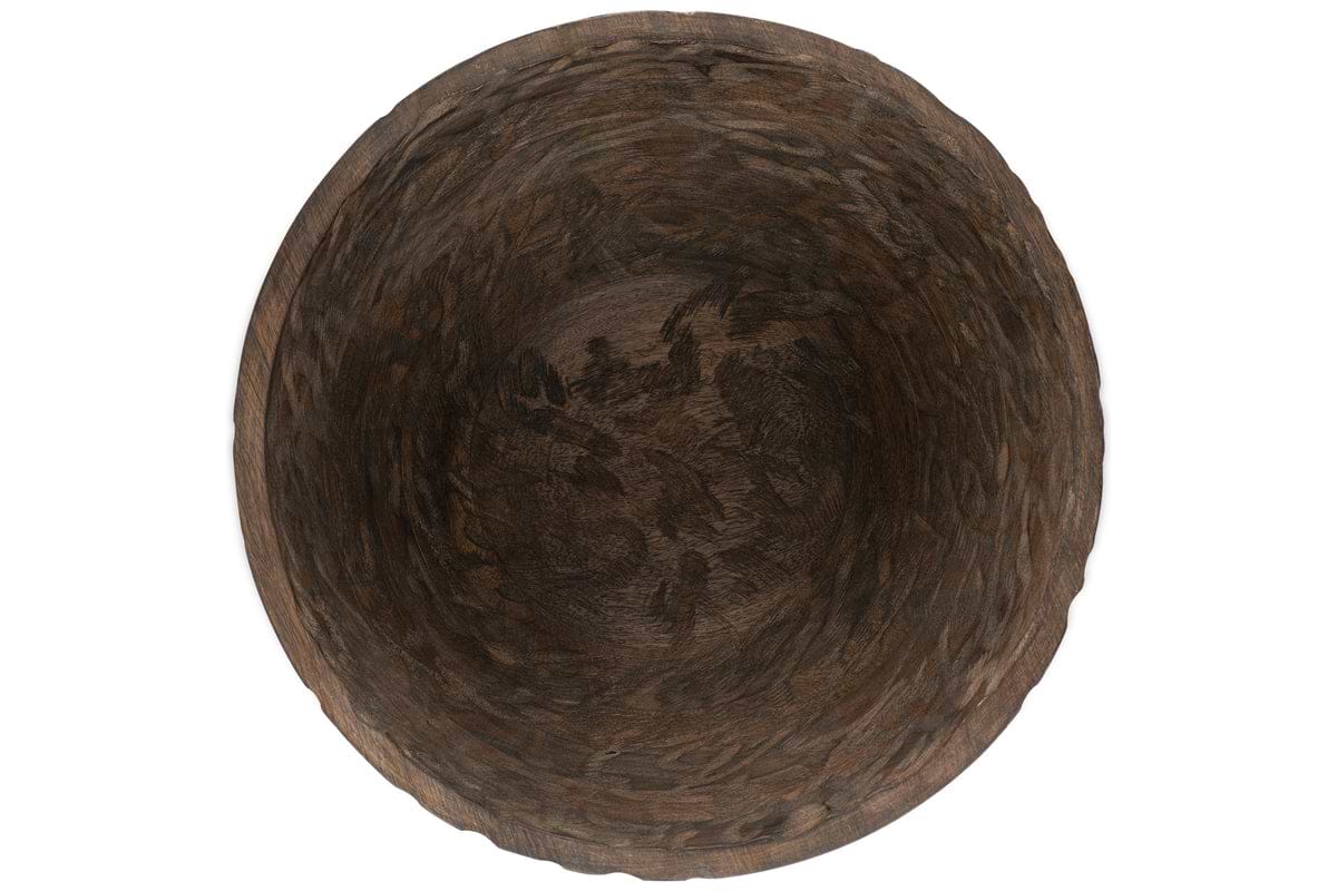 The nkuku Nyati Wooden Serving Bowl—Large, Dark Brown—features a round mango wood design with a textured, hand-carved interior and stylish woven pattern around the sides. Beautifully handcrafted from sustainable wood.