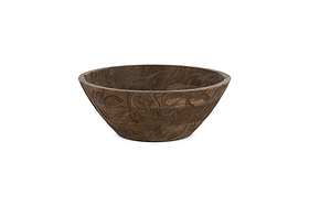 The nkuku Nyati Wooden Serving Bowl in dark brown (small) features a round, handcrafted design with a smooth finish and decorative grain patterns, displayed on a white background.