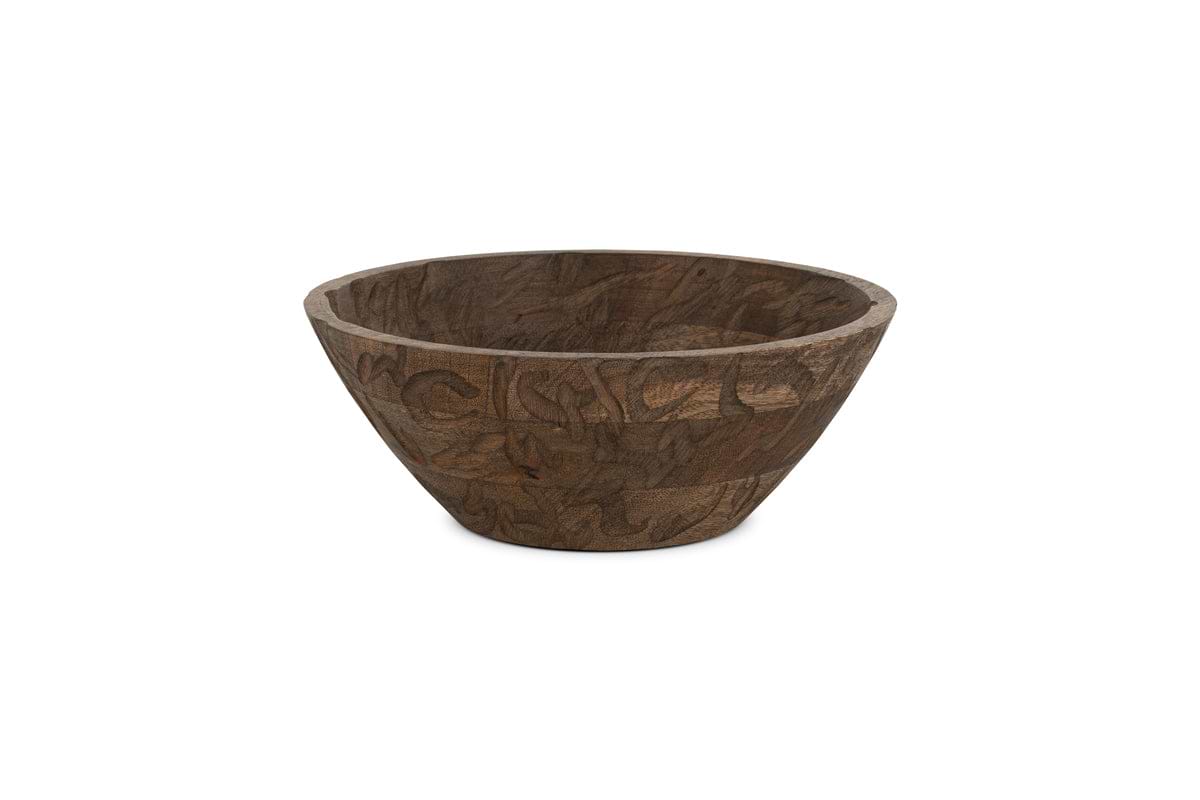 The nkuku Nyati Wooden Serving Bowl in dark brown (small) features a round, handcrafted design with a smooth finish and decorative grain patterns, displayed on a white background.
