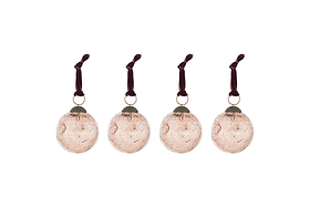 The nkuku Nishan Pinched Baubles - Copper (Set of 4) features four round, recycled glass baubles with a speckled vintage finish and burgundy velvet ties—perfect festive decorations for your holiday home.
