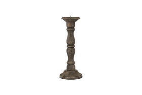 The Nayati Rustic Wood Pillar Candle Stick by nkuku features a tall, dark-stained sustainable mango wood design with a rounded base and ornate column. It has a flat top with metal spike, perfect for rustic decor. Shown on a plain white background.