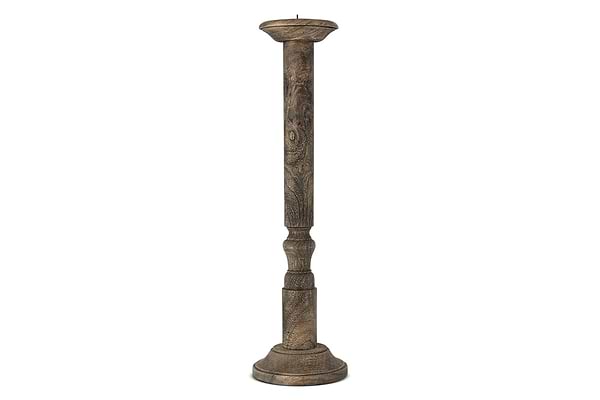 The Nayati Rustic Wood Pillar Candle Stick by nkuku, crafted from sustainable mango wood with a dark stain, brings rustic charm to any space.