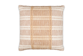 The Nayika Cotton Cushion Cover by nkuku features a woven texture in a rust plaid pattern on cream cotton, with vertical and horizontal lines forming a stylish grid effect.