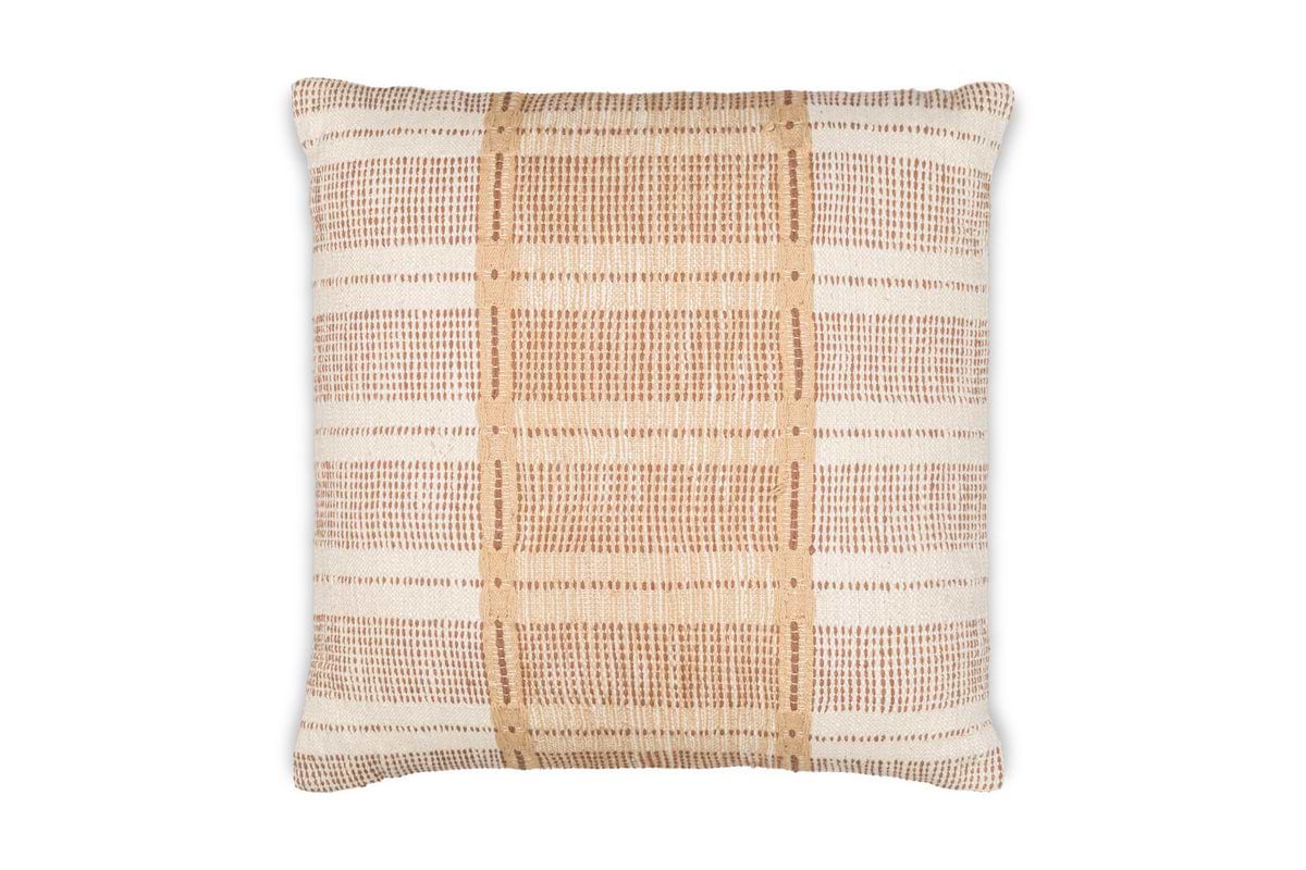 The Nayika Cotton Cushion Cover by nkuku features a woven texture in a rust plaid pattern on cream cotton, with vertical and horizontal lines forming a stylish grid effect.