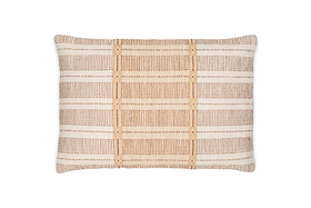 Bring comfort and style to any space with the Nayika Cotton Cushion Cover - Rust by nkuku, featuring a cosy woven texture and a beige and white plaid pattern of horizontal and vertical stripes on a white background.