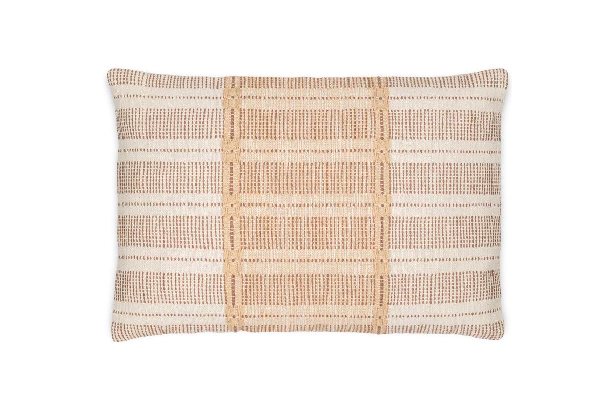Bring comfort and style to any space with the Nayika Cotton Cushion Cover - Rust by nkuku, featuring a cosy woven texture and a beige and white plaid pattern of horizontal and vertical stripes on a white background.