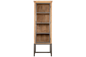 The Nirvi Mango Wood & Iron Tall Cabinet - Black by nkuku features a tall mango wood frame, glass door, three shelves, metal base, and natural finish. Displayed against a plain white background.
