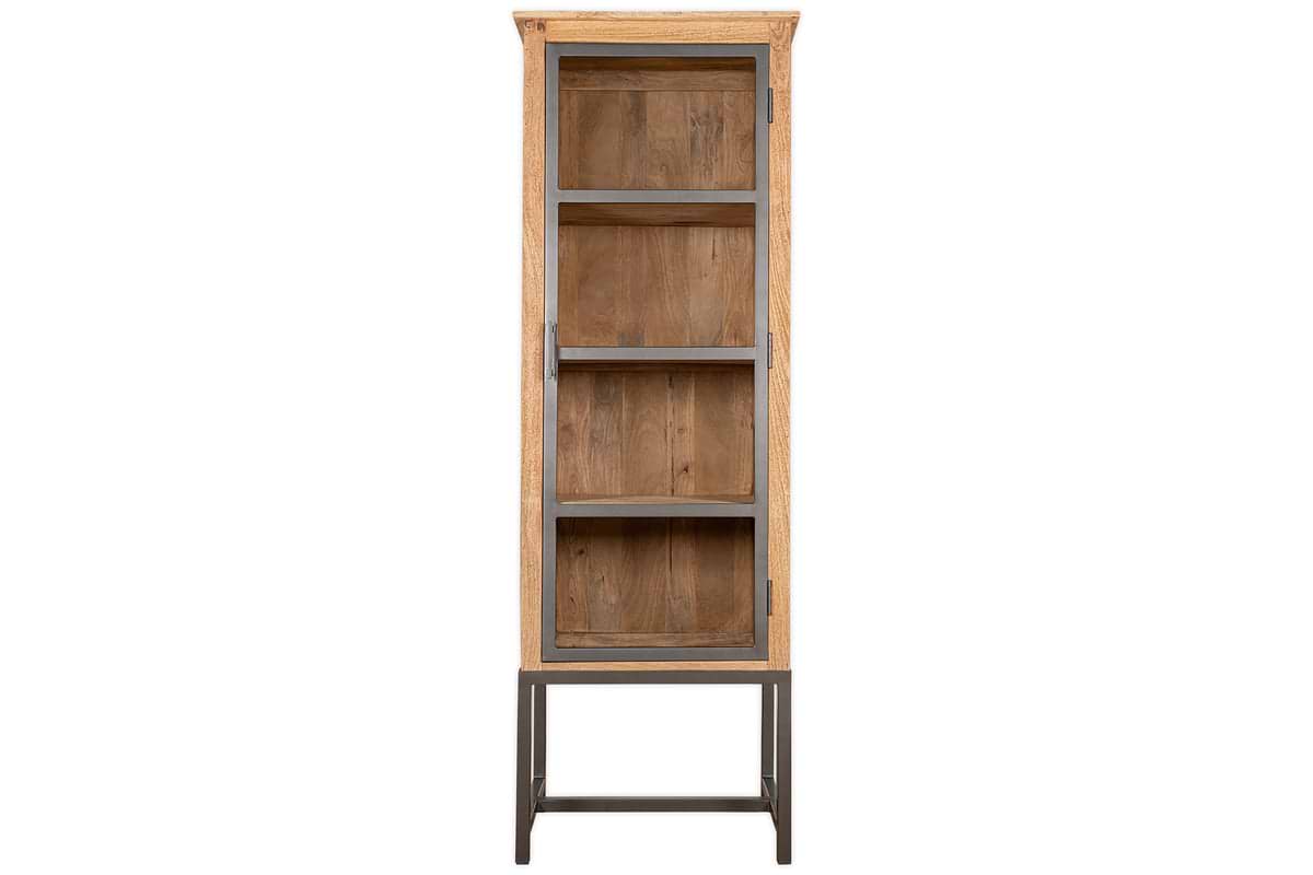 The Nirvi Mango Wood & Iron Tall Cabinet - Black by nkuku features a tall mango wood frame, glass door, three shelves, metal base, and natural finish. Displayed against a plain white background.
