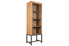The nkuku Nirvi Mango Wood & Iron Tall Cabinet - Black features a glass door, three shelves, and a black metal frame. This tall storage piece offers a modern minimalist design with a natural mango wood finish.