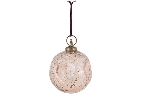 The Nishan Pinched Giant Bauble - Copper by nkuku is a round, recycled glass ornament with a speckled finish and vintage look. It hangs from a dark maroon ribbon and has a brass-colored cap and ring. Background is plain white.