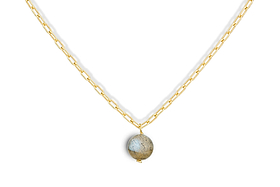 The Marai Labradorite Necklace by nkuku features a gold chain with elongated links and a central round labradorite pendant, displaying blue and brown flecks—an elegant jewelry gift.