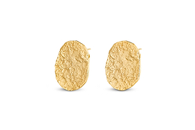 The Oya Hammered Earrings - Gold from nkuku feature an oval shape, textured matte finish, and organic outline, making them striking statement jewellery—perfect for elevating any look.
