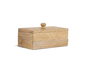 The Chanya Mango Wood Jewellery Box - Natural by nkuku is expertly crafted from sustainable mango wood, featuring a fitted lid with a small round handle, natural grain texture, and light brown color.