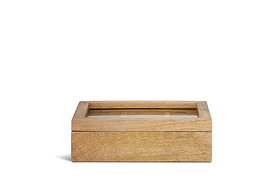 The Kabani Mango Wood Jewellery Box - Natural by nkuku features a smooth finish, glass lid, and light brown mango wood that showcases the natural grain, creating an elegant organiser set against a plain white background.