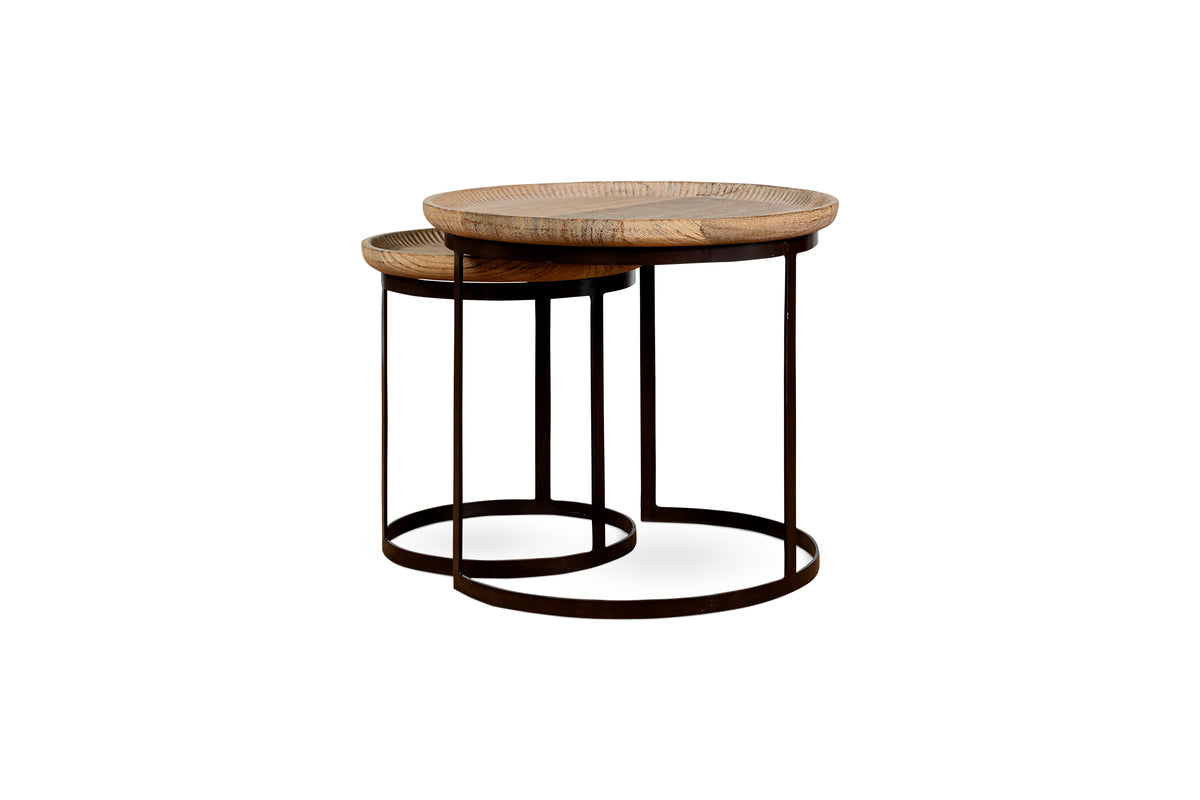 Nisha Carved Reclaimed Wood & Iron Nesting Side Tables - Natural - (Set of 2)