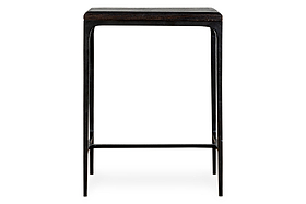 The nkuku Sita Reclaimed Wood & Iron Side Table in chocolate brown features a square reclaimed wood top and slim black iron legs with horizontal supports, offering a minimalist and modern accent for any space.