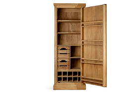 The nkuku Vivan Grooved Pantry Cupboard in Natural features a tall wooden design with an open door revealing shelves, two small drawers, cubby holes, a wine rack, and door-mounted storage. The natural finish highlights the wood grain.