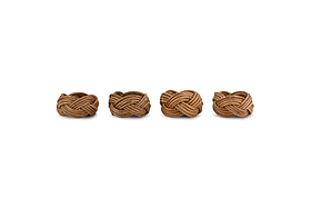Four nkuku Bersama Rattan Napkin Rings in natural brown, featuring intricate handwoven knots, are arranged in a row—an elegant set of 4 to enhance your table decor.