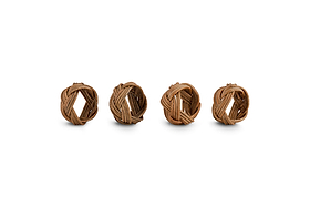 The Bersama Rattan Napkin Rings by nkuku come as a set of four handcrafted, natural round rings, displayed side by side on a white background—ideal for adding artisanal charm to your table decor.