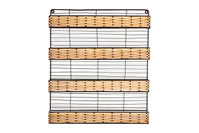 The nkuku Montali Iron & Rattan Spice Rack - Natural features four wall-mounted wire shelves with handwoven rattan panels and a black metal frame, perfect for stylish kitchen storage. Shown against a white background.