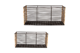 The Montali Iron & Rattan Storage Baskets by nkuku feature a black metal grid design with natural rattan accents at the corners. Shown against a white background, the set includes one large basket above and a smaller one below.