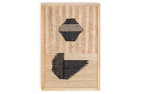 The nkuku Kiran Large Textured Wall Art features a rectangular handwoven design with vertical tan and cream stripes, bold irregular dark blue motifs, grid-like beige accents, and a light wood frame for striking texture.