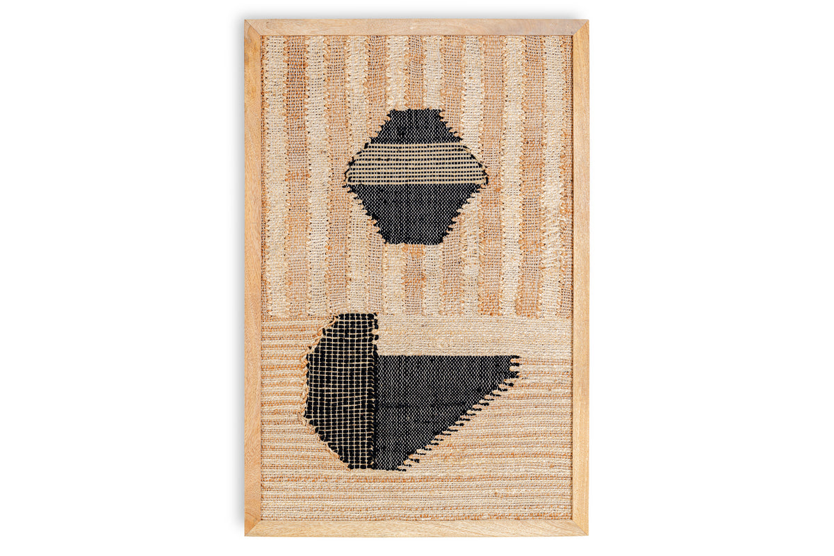 The nkuku Kiran Large Textured Wall Art features a rectangular handwoven design with vertical tan and cream stripes, bold irregular dark blue motifs, grid-like beige accents, and a light wood frame for striking texture.