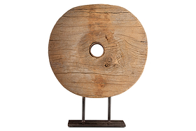The Cala Reclaimed Wood Objet on Stand - Natural by nkuku features a round, flat wooden disk with a central hole, displayed upright on a simple black metal stand. Visible grain and cracks highlight its rustic charm against a plain white background.
