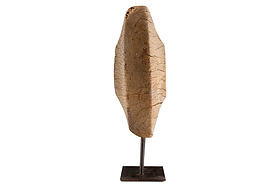 The Cala Reclaimed Wood Objet on Stand - Natural by nkuku is a vertical sculpture crafted from light brown reclaimed wood with a rustic, textured finish. Mounted on a slim metal rod and black base, it adds organic elegance to your decor.
