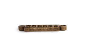 The nkuku Makala Reclaimed Wood Tealight Holder - Natural features a rustic rectangular design with two round tealight cups and twelve carved pits, showcasing weathered wood grain for unique, cultural decor against a white background.