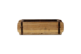 The Dudha Reclaimed Brick Box - Natural by nkuku is a rectangular, rustic indoor planter with rounded corners, metal-reinforced edges, and a natural weathered wood finish. Photographed empty on a white background.