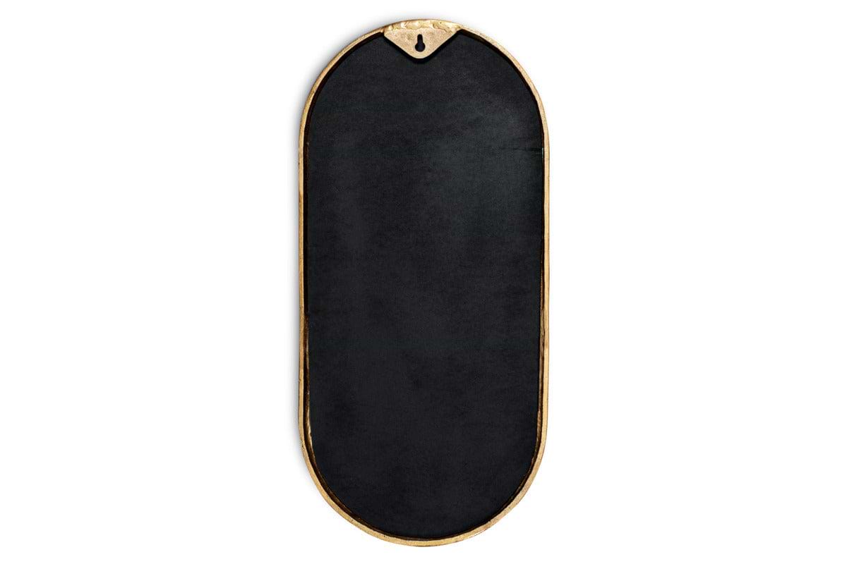 The nkuku Mbwa Oval Mirror in Antique Brass has a decorative gold frame and an elongated black oval center. It features a top triangular notch with hanging hole, and is shown against a white background.