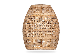 The Shawa Rattan Lampshade - Natural by nkuku features a handwoven, light brown design with a wide round shape and narrow top. Its open weave creates a semi-transparent effect, beautifully displayed against a plain white background.