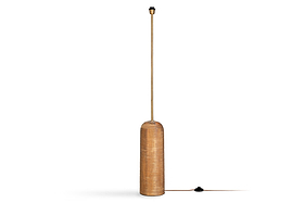 The nkuku Agua Grooved Floor Lamp - Natural features a tall, cylindrical design with a ribbed mango wood base in warm brown, slender pole, black light socket, and a handy foot switch—ideal for modern spaces.