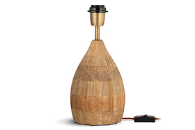 The nkuku Awaa Mango Wood Bedside Table Lamp features a rounded, grooved mango wood base in a natural finish with a brass-colored neck. No lampshade is included, and it has an electrical cord with a black switch.