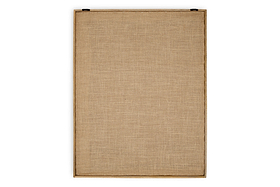 The Mauri Frayed Wall Art - Neutral by nkuku is shown from the back: a rectangular, vertically oriented canvas of coarse beige fabric tightly stretched on a wooden frame with two black hanging hardware pieces at the top. Background is white.