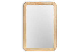 The nkuku Vivan Rectangular Grooved Wood Mirror features a minimalist design with rounded corners, a natural mango wood frame, and a clear reflective surface, creating an elegant accent against any plain white background.