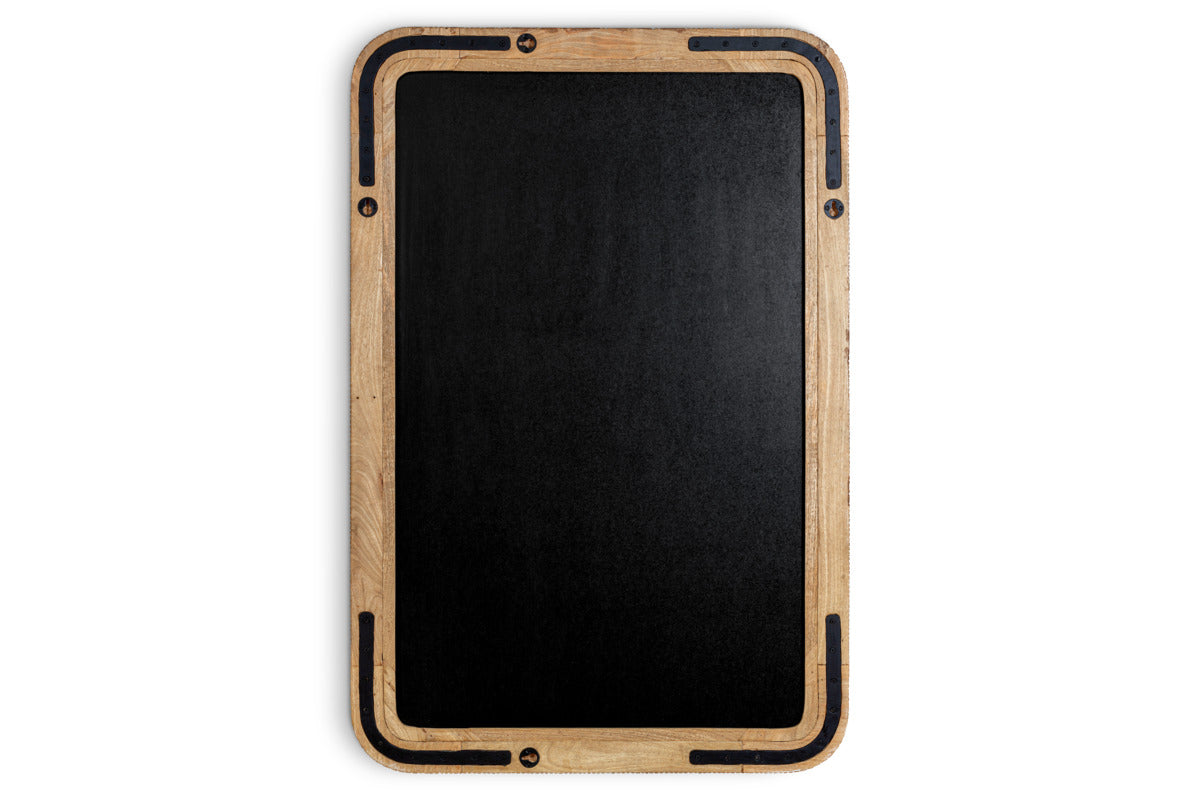 The Vivan Rectangular Grooved Wood Mirror by nkuku features a natural mango wood frame with smooth, rounded corners and four dark inset details, photographed against a white background.
