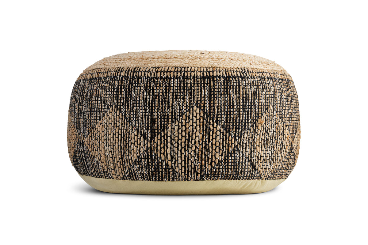 The Kapil Jute Round Pouf - Charcoal by nkuku features a charcoal and beige diamond pattern, braided top, and smooth base. Displayed on a white background, it showcases its natural, handcrafted appeal as an inviting accent piece.