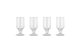 The Sooraj Large Glass - Clear (Set of 4) by nkuku features elegant, wide-based glass goblets with tall cylindrical bowls, perfectly arranged against a white background—ideal for stylishly serving summer drinks.