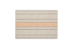 The Buna Placemats - Clay by nkuku are rectangular beige placemats with thin horizontal black lines and a wide peach stripe, offering a simple, modern look that adds minimalist style to any table setting. Set of 2.