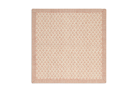 Inspired by Indian textiles, the nkuku Peplu Block Print Napkin Set in Terracotta features a beige background with a repeating red floral pattern and striped border, bringing traditional charm to your table. Set of 4.