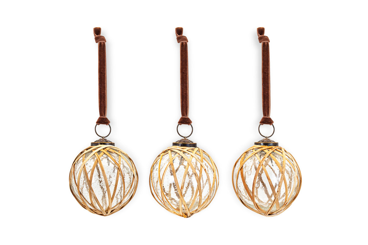 Bayana Woven Baubles - Natural & Clear - (Set of 3)-CHRISTMAS DECORATIONS-Nkuku