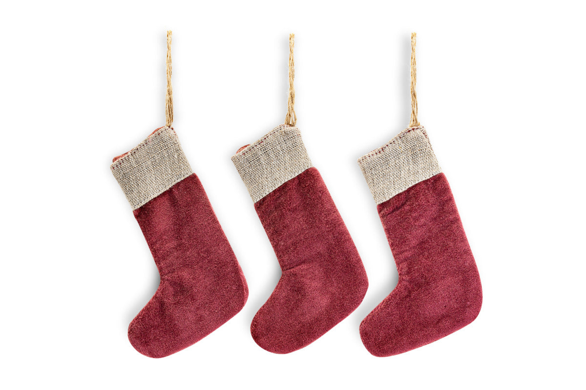 Karru Cotton Velvet Mini Stocking - Red - (Set of 3)-CHRISTMAS DECORATIONS-Nkuku