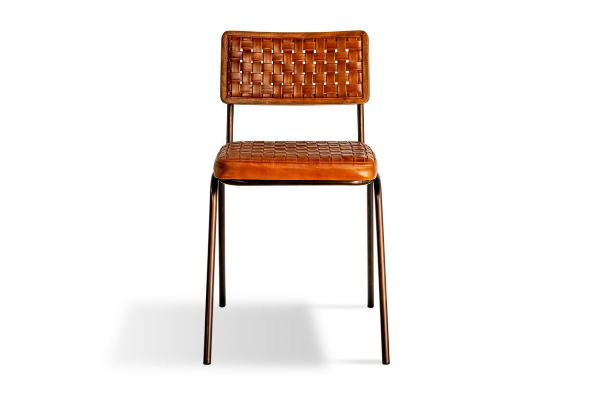 Amala Leather Weave & Iron Dining Chair - Aged Tan-SEATING-Nkuku