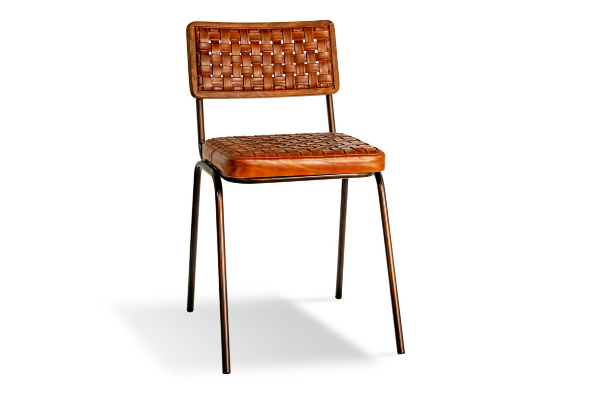 Amala Leather Weave & Iron Dining Chair - Aged Tan-SEATING-Nkuku