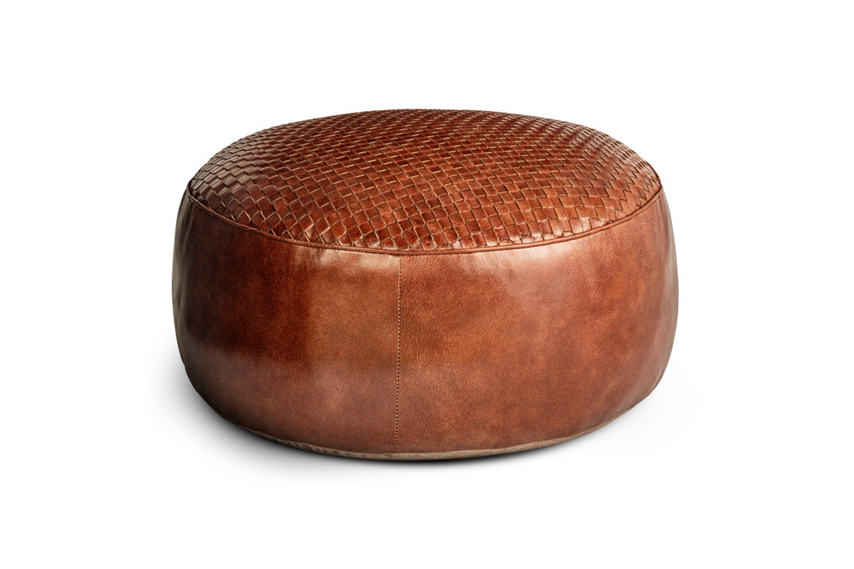 Farida Leather Weave Pouf - Chocolate Brown-SEATING-Nkuku