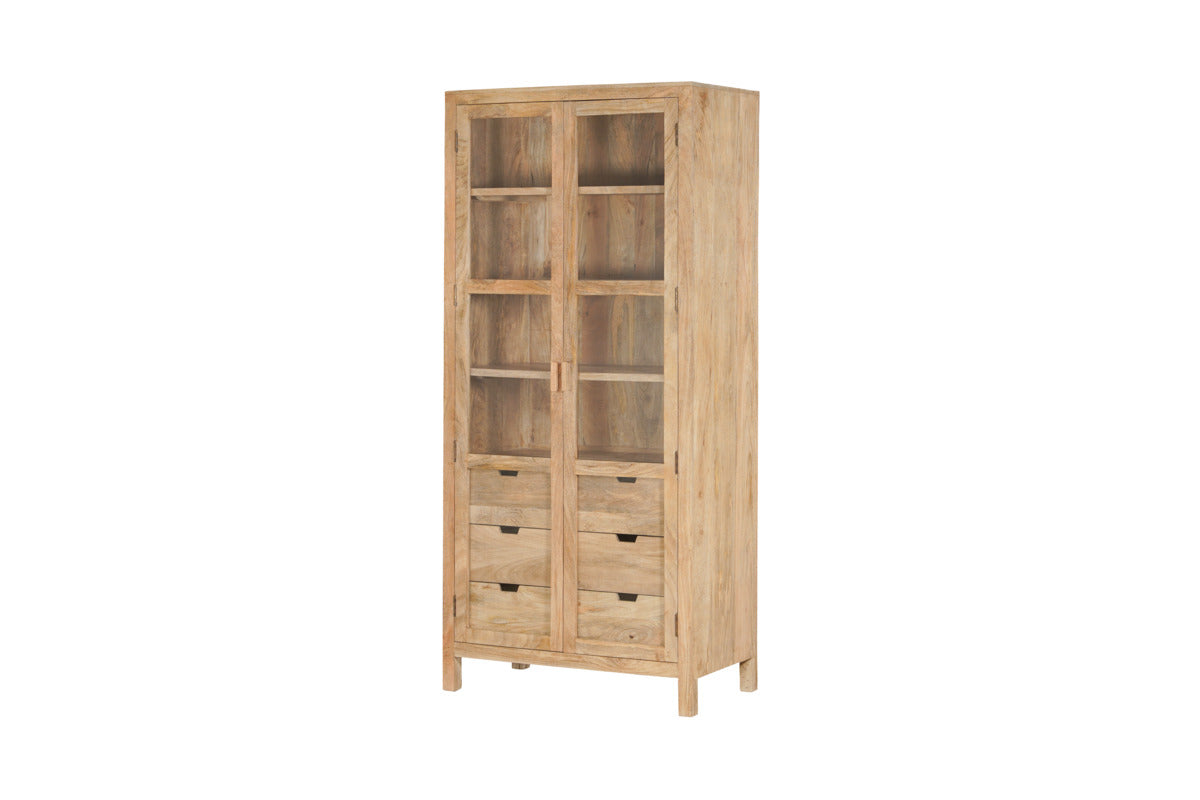 Artha Mango Wood & Glass Tall Cabinet - Natural-STORAGE FURNITURE-Nkuku