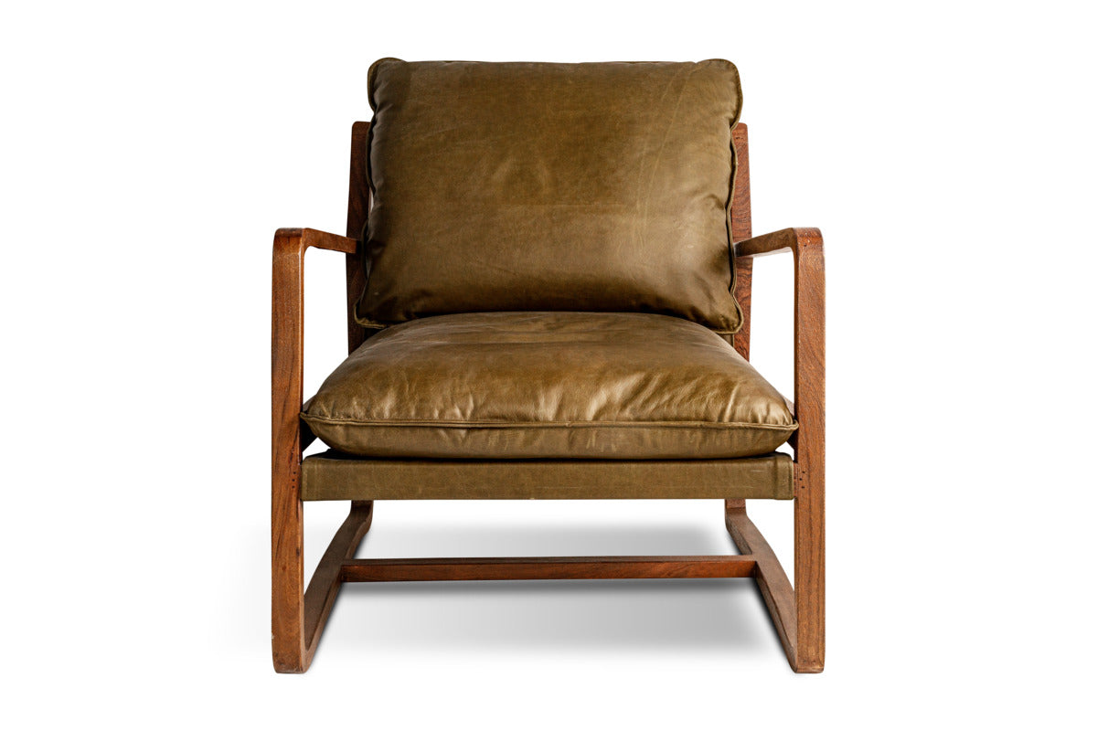 Baloo Acacia Wood & Leather Occasional Chair - Olive Green-SEATING-Nkuku