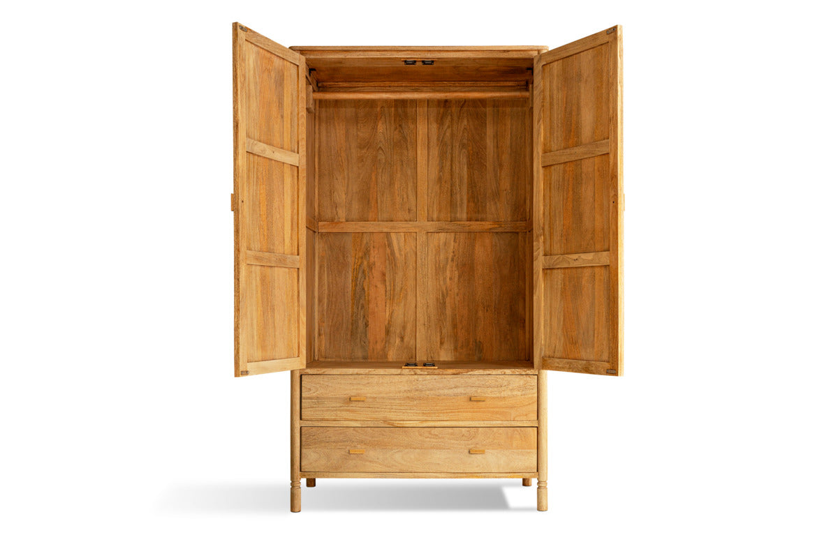 Sri Mango Wood Wardrobe - Natural-BEDROOM FURNITURE-Nkuku